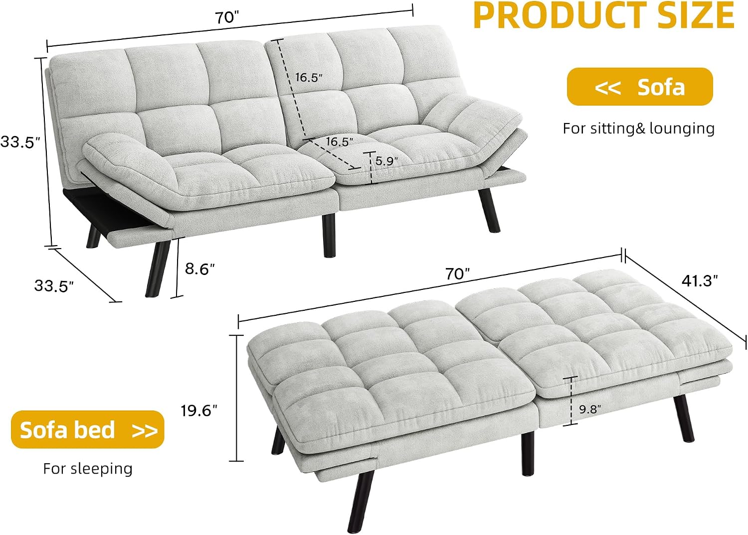 YITAHOME Convertible Futon Sofa Bed, 70' Folding Futon Set for Living Room Home Office Aprtment, Modern Futon Couch with Adjustable Backrest & Armrests, Recliner Lounge, Loveseat Sofa