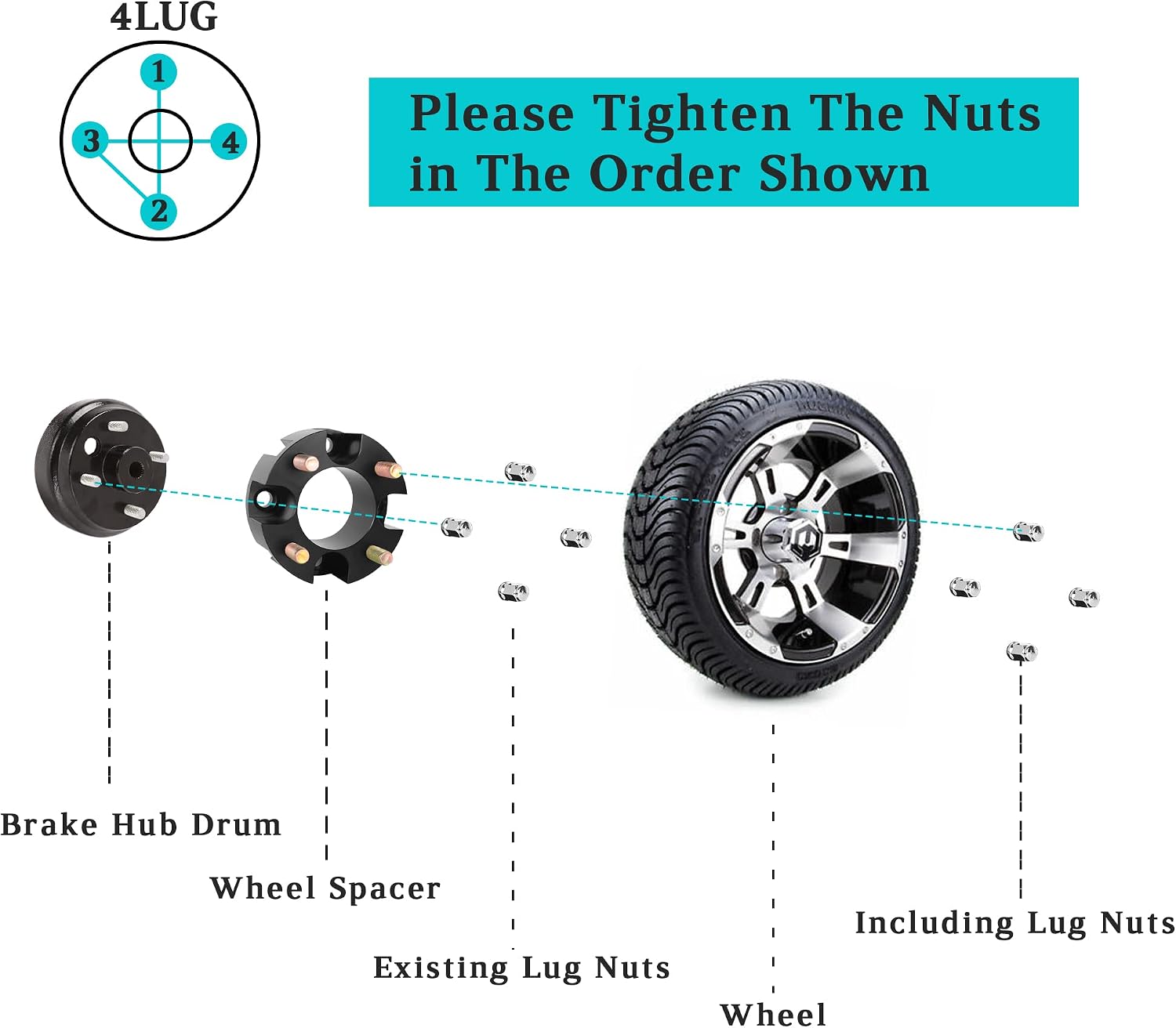 10L0L 2 Inch Golf Cart Wheel Spacers Kit with Lug Nuts - for Yamaha,Club Car,EZGO, 4x4 Bolt Pattern, 68mm Hub Bore, 1/2-20 Studs, CNC Aluminum, 4 Pack Wheel Hub Adapters