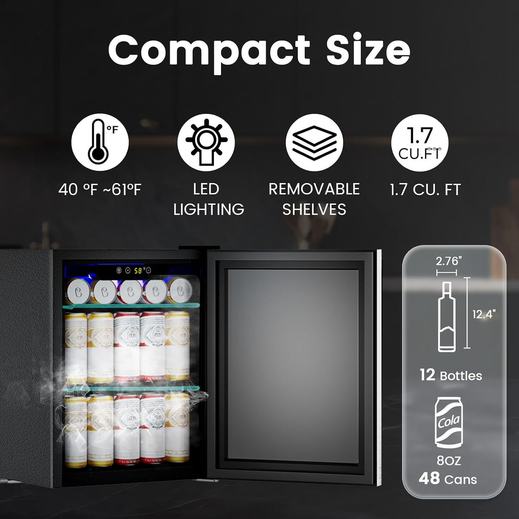 COWSAR 1.7 Cu. Ft Mini Beverage Refrigerator, 68 Cans, 16 Bottles Compact Drink Cooler with Glass Door & Touch Controls for Home, Office Bar