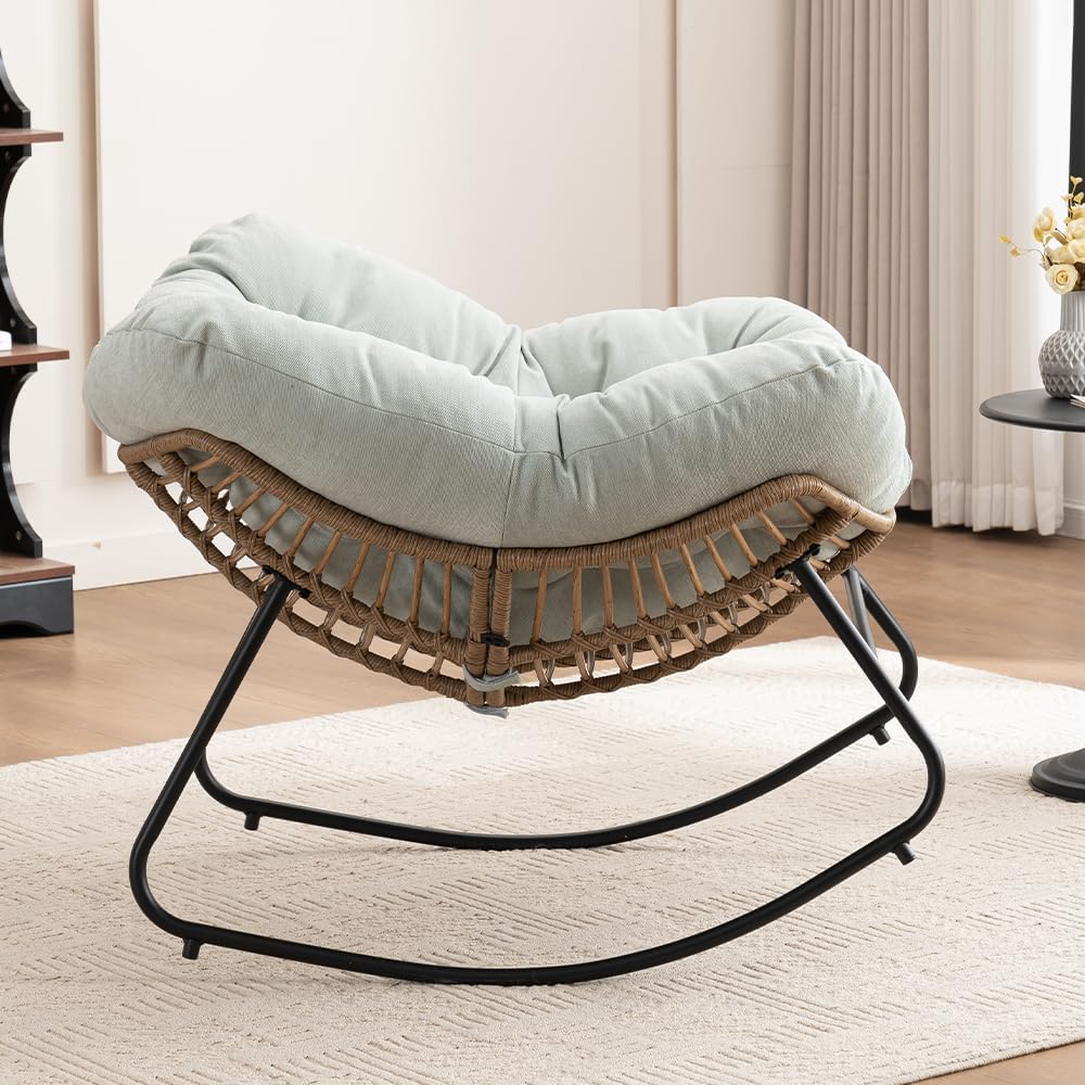 Outdoor Papasan Chair, Oversized Rocking Chair with Cushion and Metal Frame, Patio Lounge Rocking Chair for Balcony Backyard Porch Bedroom Living Room (Light Blue)