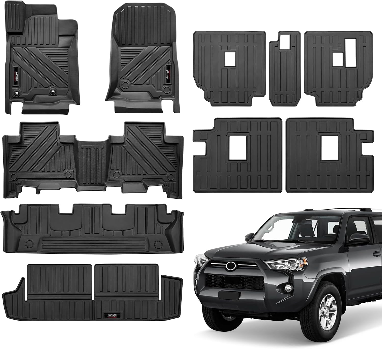Floor Liners for 2013-2024 Toyota 4 Runner 7 Seat Accessories 3 Rows Floor Mats Trunk Cargo Mats and 2nd 3rd Row Backrest Mats All Weather TPE Protection (Only for 7 Seat Full Set 10 Pcs)