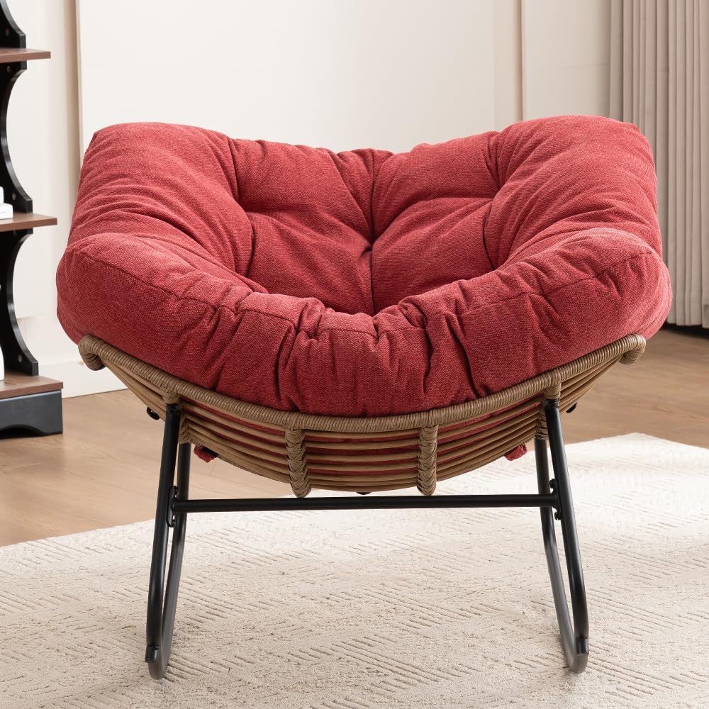 Outdoor Papasan Chair, Oversized Rocking Chair with Cushion and Metal Frame, Patio Lounge Rocking Chair for Balcony Backyard Porch Bedroom Living Room (Red)
