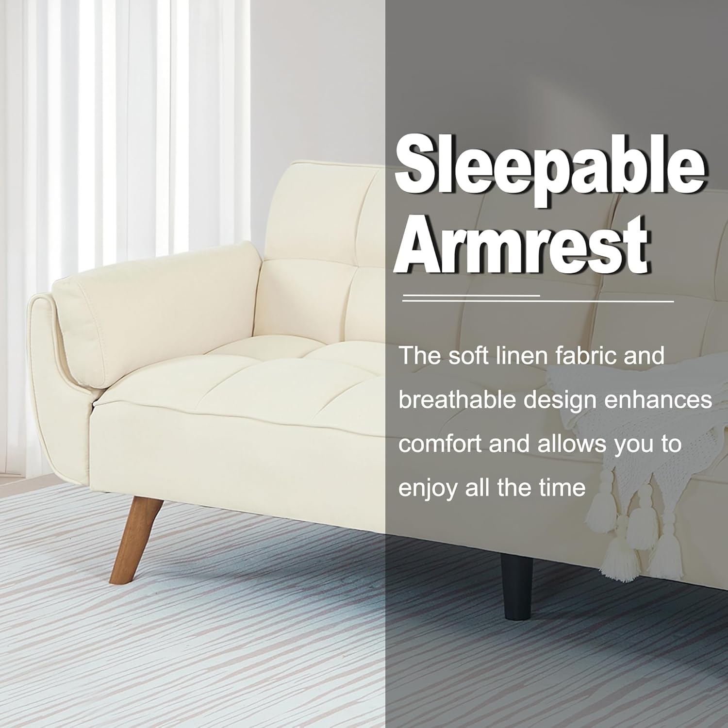 Convertible Futon Sofa Bed, Sleeper Couch Bed with Adjustable Backrests, Linen 3 Seater Small Couches for Small Spaces, Living Room, Bedroom(Beige, 75')