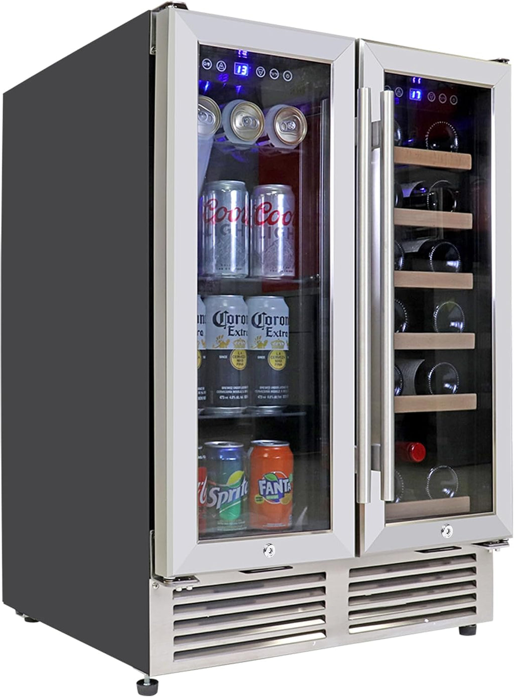 Koolatron Dual Zone Wine Fridge and Wine Cooler, 56 cans & 18 bottles (24 Inch), Built-In or Freestanding Compressor Under Counter Wine Refrigerator, Independent Temperature Control with French Doors