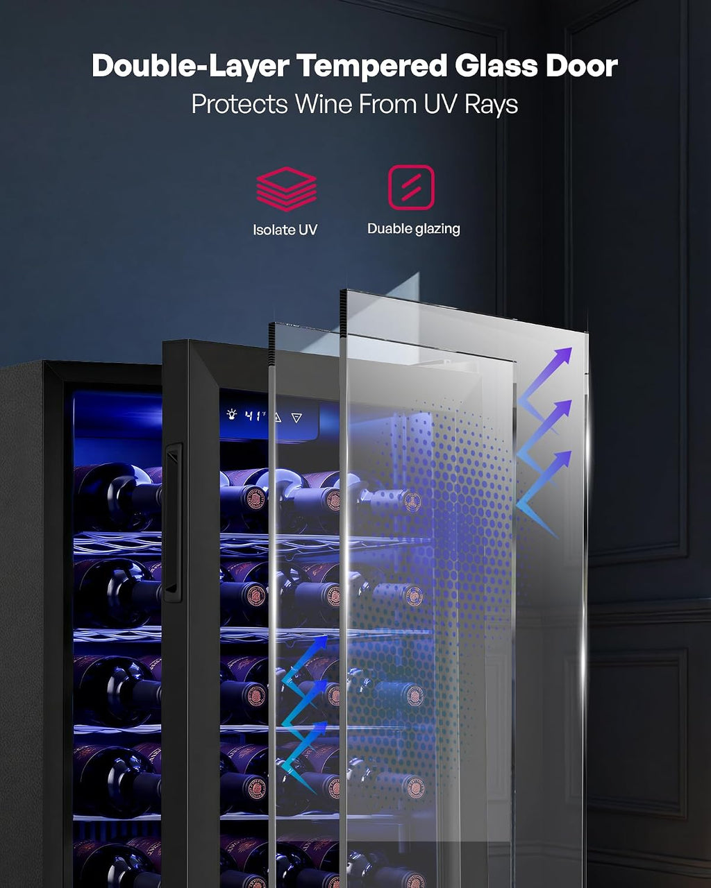Icyglee 25 Bottle Compressor Wine Cooler Refrigerator, Freestanding Wine Cellar with 41-64°F Adjust Temp & Double-layer Glass Door for Red and White, Wine Cooler for Home Bar, Black