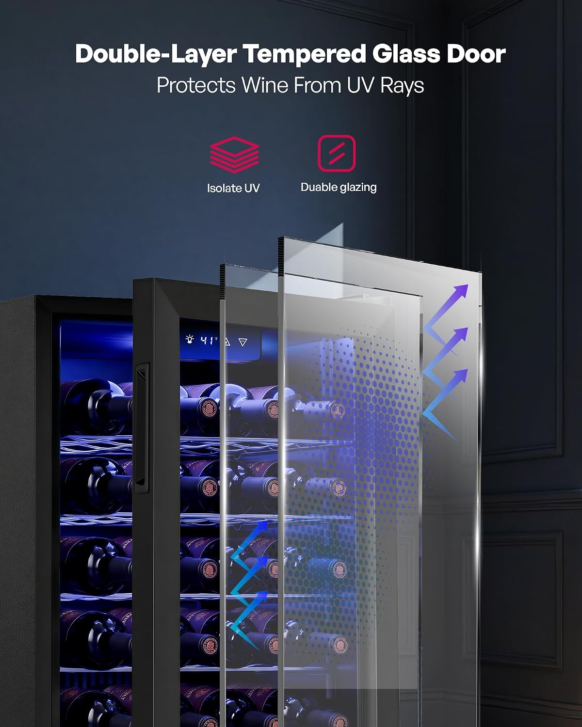 Icyglee 25 Bottle Compressor Wine Cooler Refrigerator, Freestanding Wine Cellar with 41-64°F Adjust Temp & Double-layer Glass Door for Red and White, Wine Cooler for Home Bar, Black