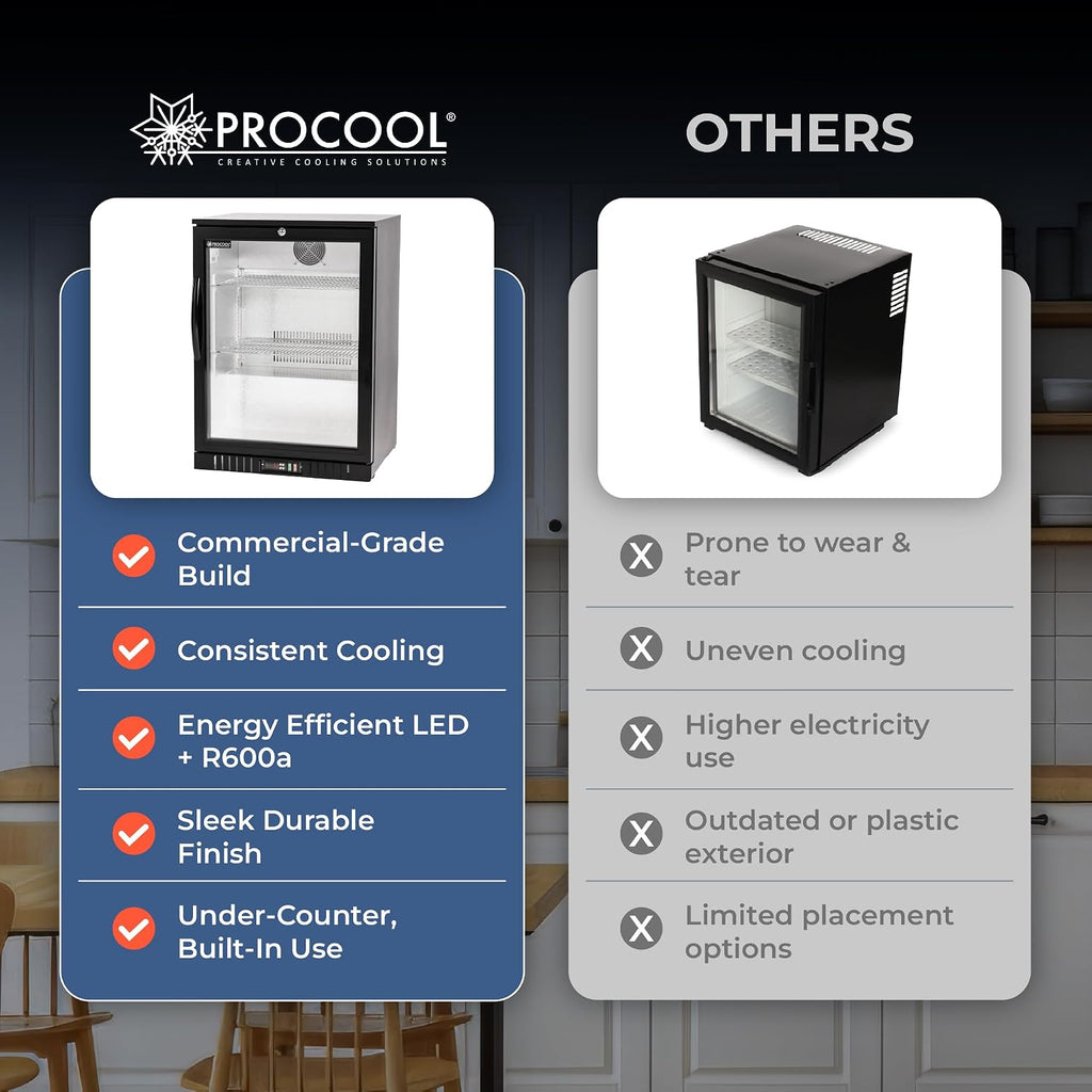 Procool 1-Door Undercounter Refrigerator - 33' Tall Energy Efficient Black Beverage Cooler With Glass Door & White LED Lights - Residential Beverage Refrigerator For Entertaining Spaces & Home Bars