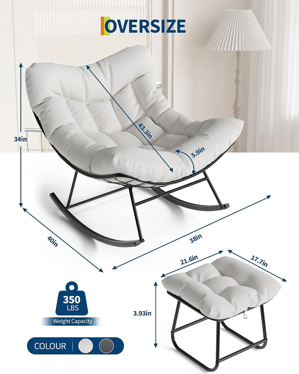 CuisinSmart Patio Rocking Chair, Outdoor Oversized Papasan Rocking Chair with Ottoman, 450lb Capacity, All-Weather PE Rattan Egg Rocker for Porch, Backyard, Balcony
