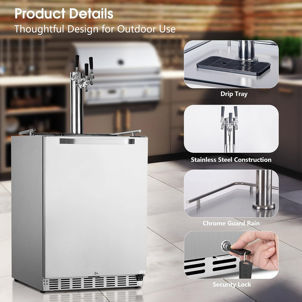 HCK Kegerator, 24 Inch Outdoor Kegerator for Patio with 3 Taps, Full Size Beer Dispenser and Beverage Refrigerator with Auto Defrost & Reversible Stainless Steel Door, Ideal for Home Bars