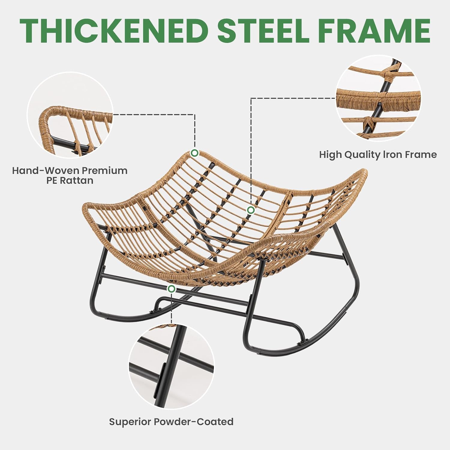 SUNBURY Rocking Chair, Rattan Wicker Egg Chair with Thick Cushion - 45 in Oversized Papasan Chair for Indoor/Outdoor, 330lbs Weight Capacity, Modern Boho Patio/Backyard/Living Room Seating