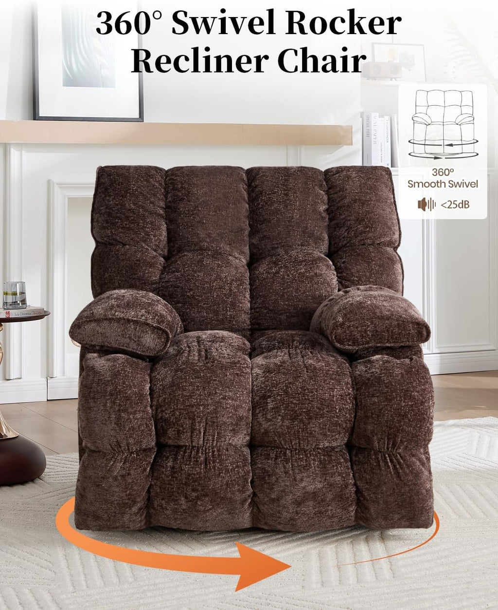 Oversized Manual Recliner Chair with 360° Swivel, Big and Tall Rocker Glider for Nursery Living Room, Chenille Overstuffed Reclining Sofa with Handle, 375lbs (Brown, Manual)