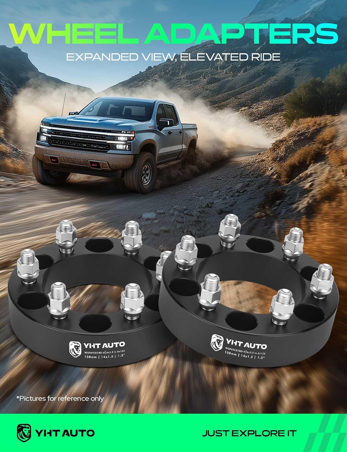 YHTAUTO 6x5.5 to 6x135 Wheel Adapters 1.5 inch Fits Chevy Silverado 1500, Tahoe, GMC Sierra 1500, Cadillac Escalade, Forged Wheel Tire Adapters w/ M14x1.5 & 12.9 Studs, 108mm Center Bore 6 Lug 4PCS