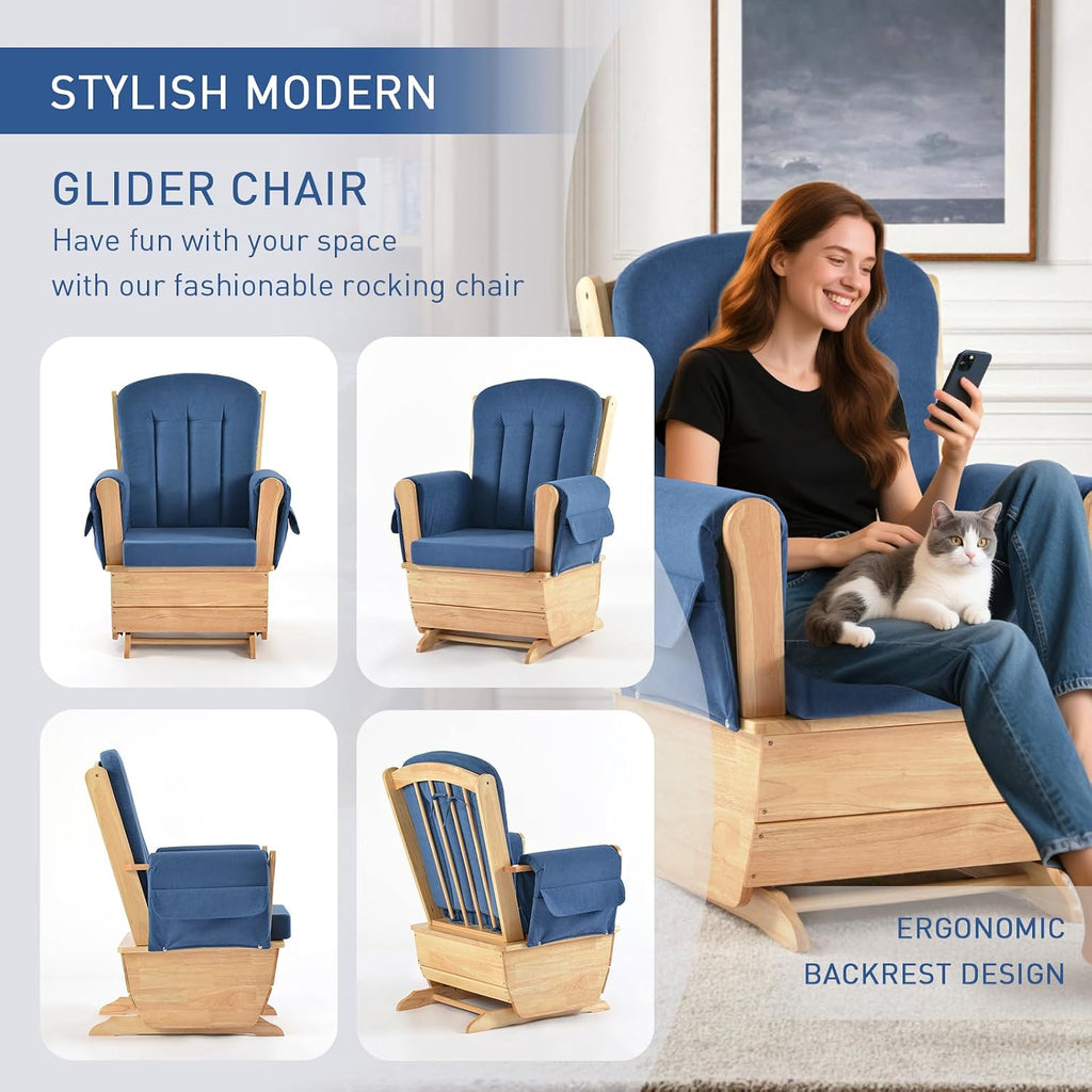Solid Wood Nursery Glider Rocking Chair, Nursing Rocker Chair with Padded Cushion Armrest, Silent Smooth Rocking Motion for Indoor Living Room Napping Reading, Natural Wood + Light Blue