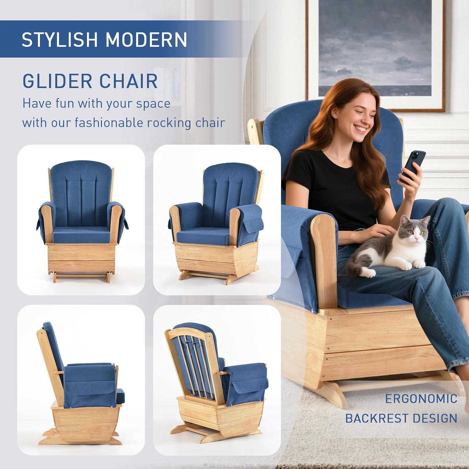 Solid Wood Nursery Glider Rocking Chair, Nursing Rocker Chair with Padded Cushion Armrest, Silent Smooth Rocking Motion for Indoor Living Room Napping Reading, Natural Wood + Light Blue