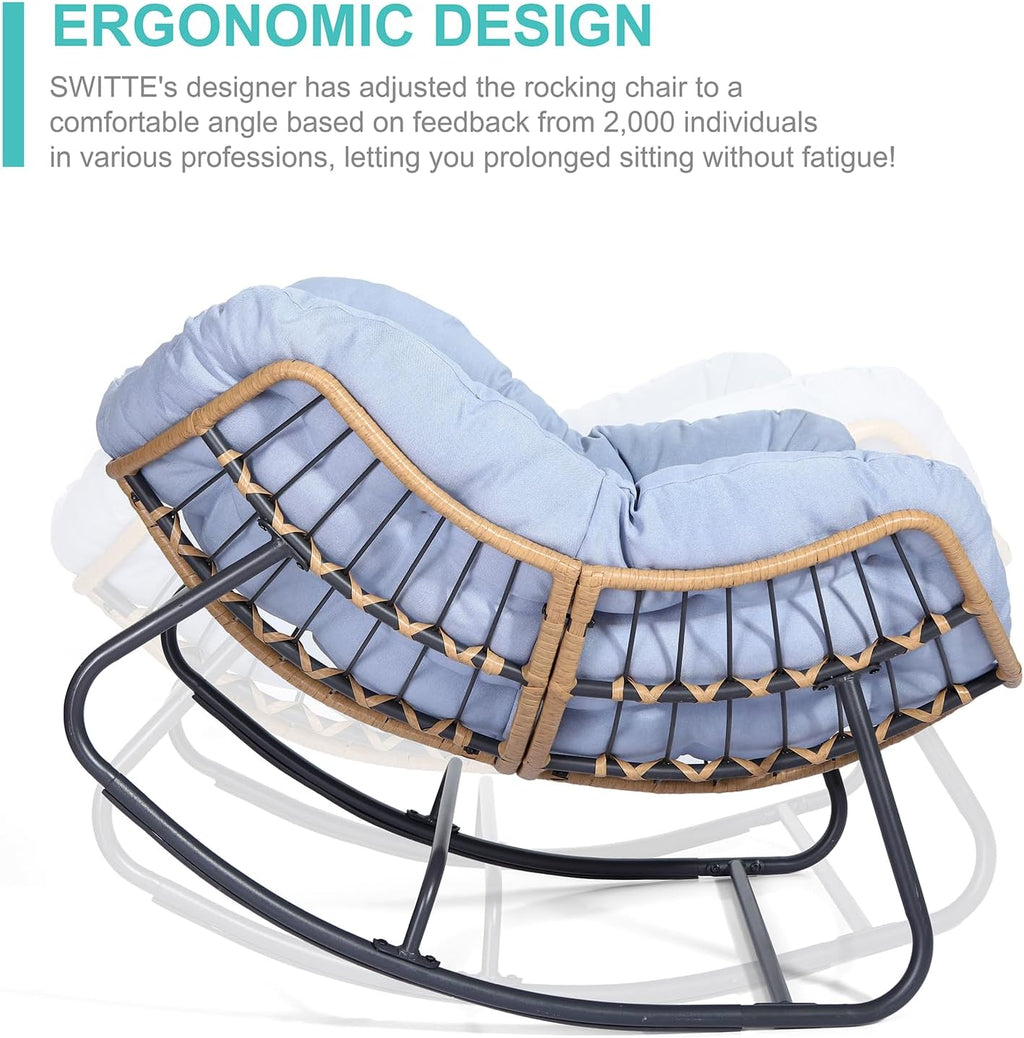 SWITTE Outdoor Rocking Chair, Indoor Papasan Rocking Lounge with Thick Cushion, Oversized Cozy Patio Rocker for Bedroom, Living Room, Porch, Garden, Lawn-Light Blue