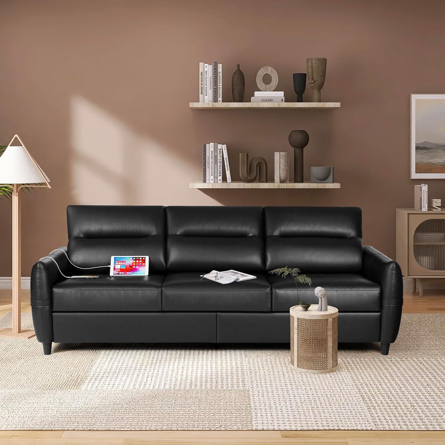 STHOUYN 85' Black Faux Leather Couch with USB, 3 Seater Sofa Couches for Living Room, Large Mid Century Modern Office Apartment Couch (Black)