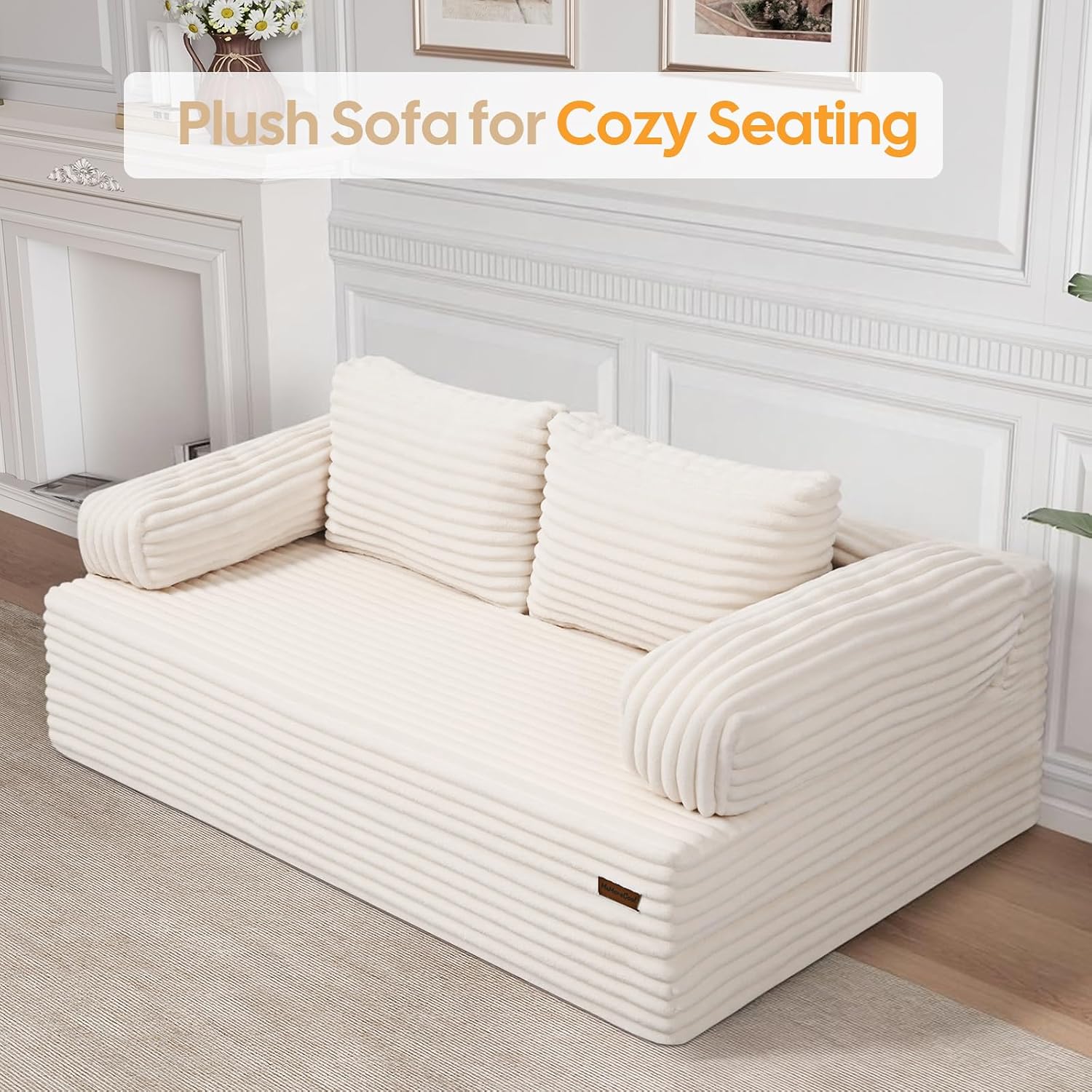 MeMoreCool Convertible Sofa Bed, Folding Floor Couch Bed Queen, Pull Out Sleeper Couch with Pillows, Fold Out Futon Sofa for Bedroom Living Room Small Space, Corduroy Beige
