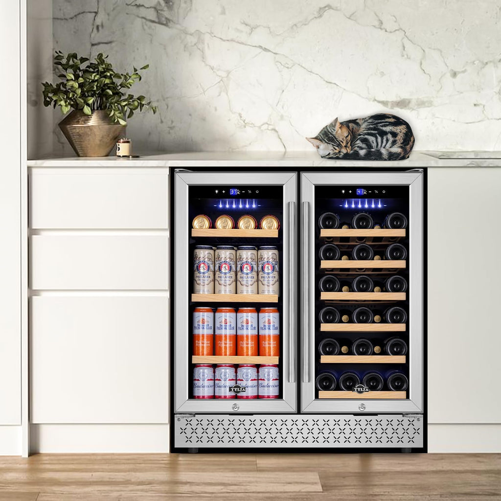 Tylza 30 Inch Wine and Beverage Refrigerator, Dual Zone Wine Beverage Cooler 30' with French Door, Under Counter Wine Beer Fridge Built-In or Freestanding, Holds 29 Bottles and 110 Cans TYBC200