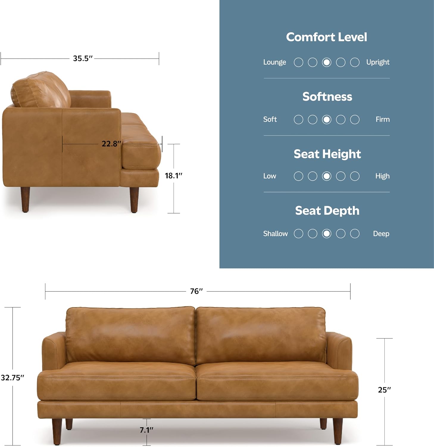 SIMPLIHOME Livingston Sofa - 76' Wide x 33' High Top Grain Genuine Leather Sofa in Sienna, Mid-Century Modern Loveseat for Living Room with Removable Feather-Wrapped Cushions and Solid Wood Frame