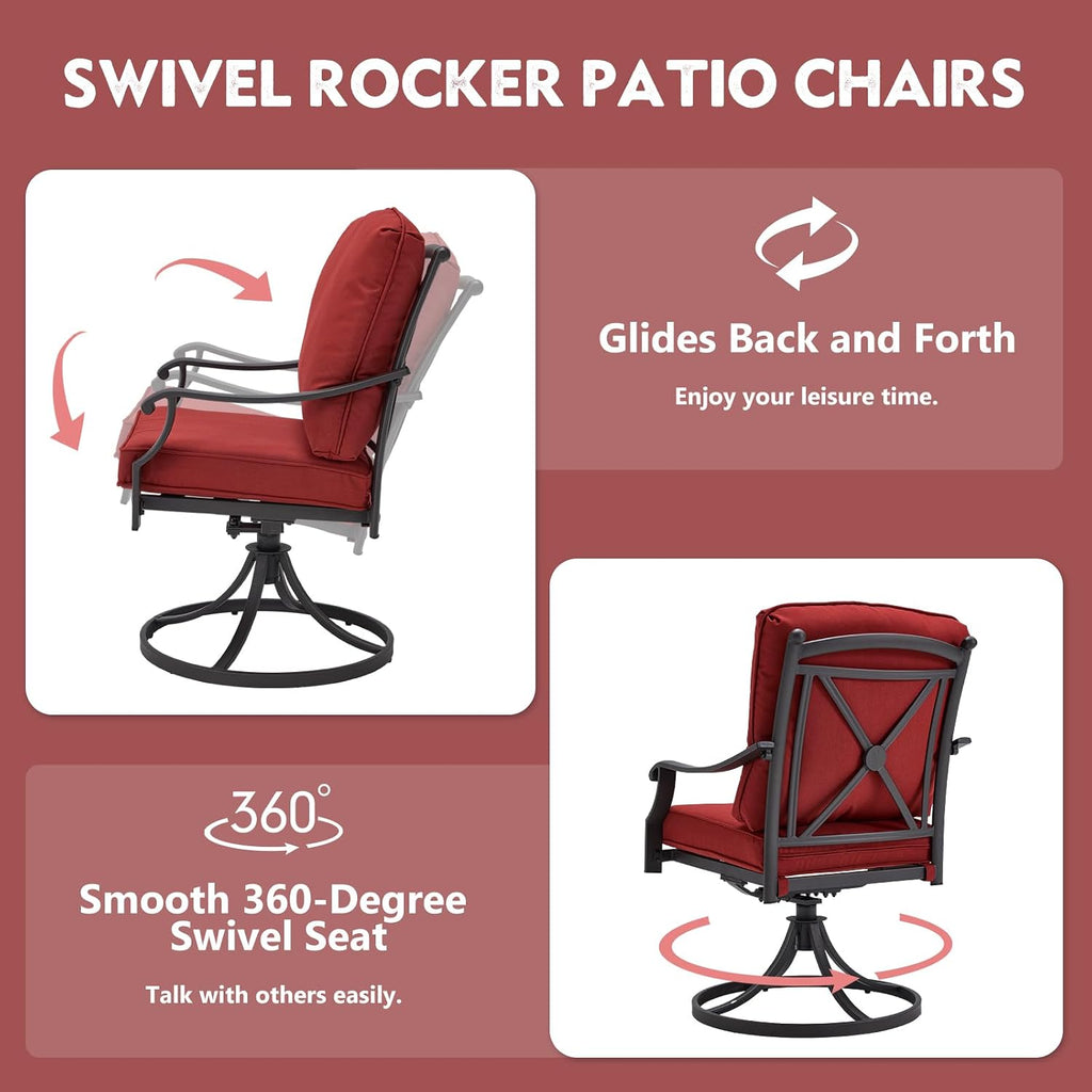 MELLCOM Patio Swivel Chair Set of 4, Heavy Duty Outdoor Dining Chairs with Thickened Cushions, Metal Patio Chairs Gentle Rocker for Outside, Garden Lawn & Porch, Backyard, Red