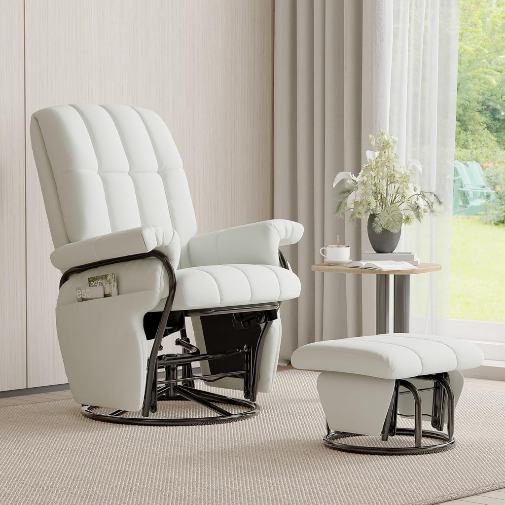 JIASTING 360° Swivel Leather Recliner Chair with Ottoman & Double Side Pockets, Nursing Glider Rocking Recliner Chair, Gliding Chairs for Nursery, Office, Living Room, Bedroom, Metal Frame (White)