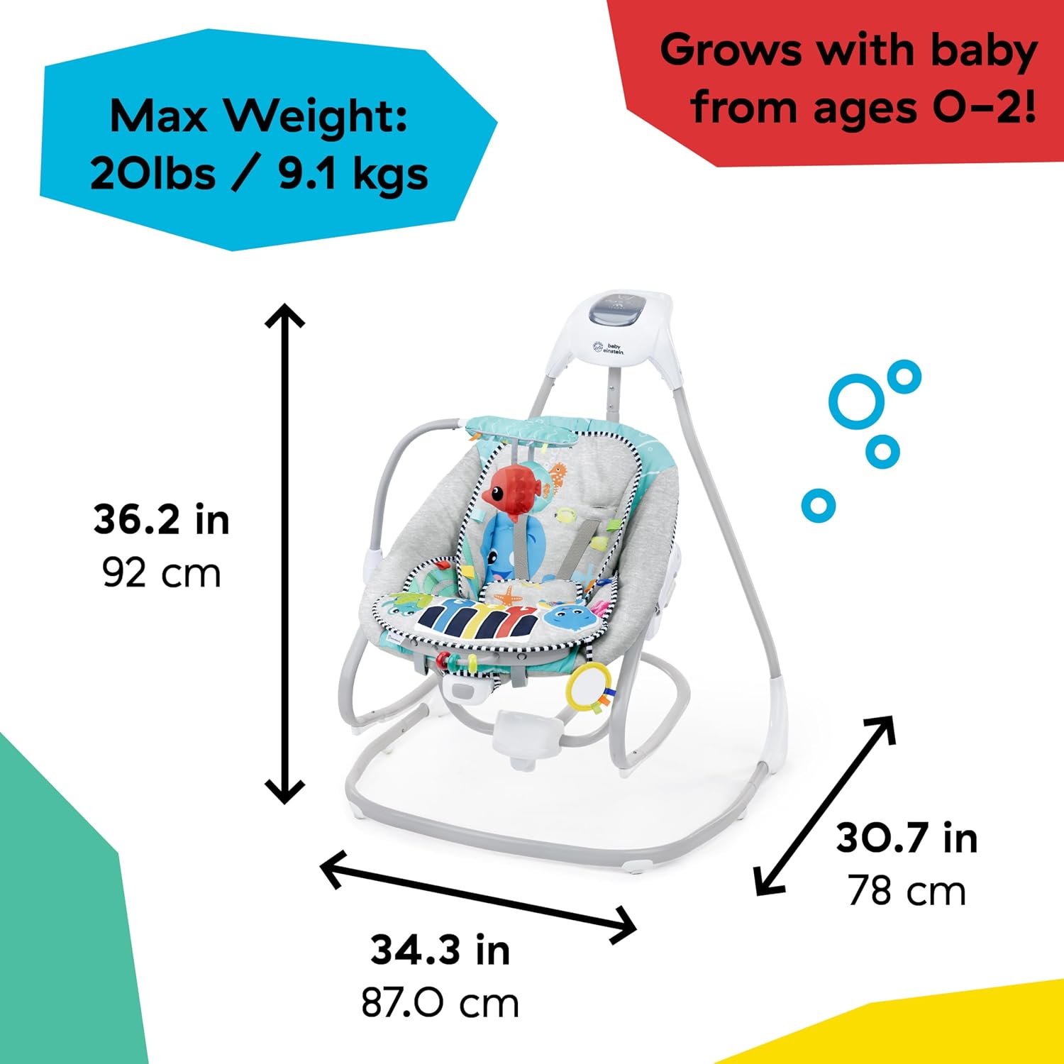 Baby Einstein Explorers Kick to It 4-in-1 Musical Baby Swing & Rocker, with Removable Piano Toy, Ages 0 Months and Up