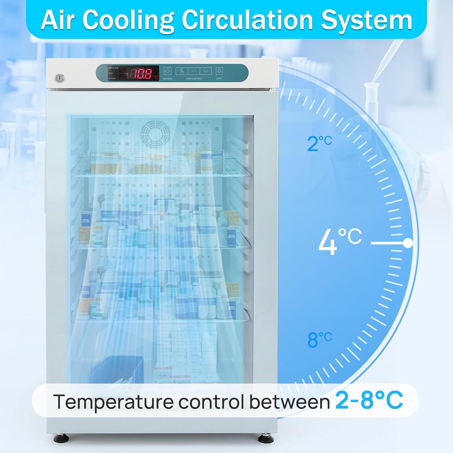 Lab Refrigerator, 2-8℃, 105L/3.7Cu.Ft, 110V, 20'' Wide Medical Refrigerator, LED Lighting Pharmacy Fridge, Digital Thermostat, Designed for Pharmacy, Medicine, Vaccine Storage