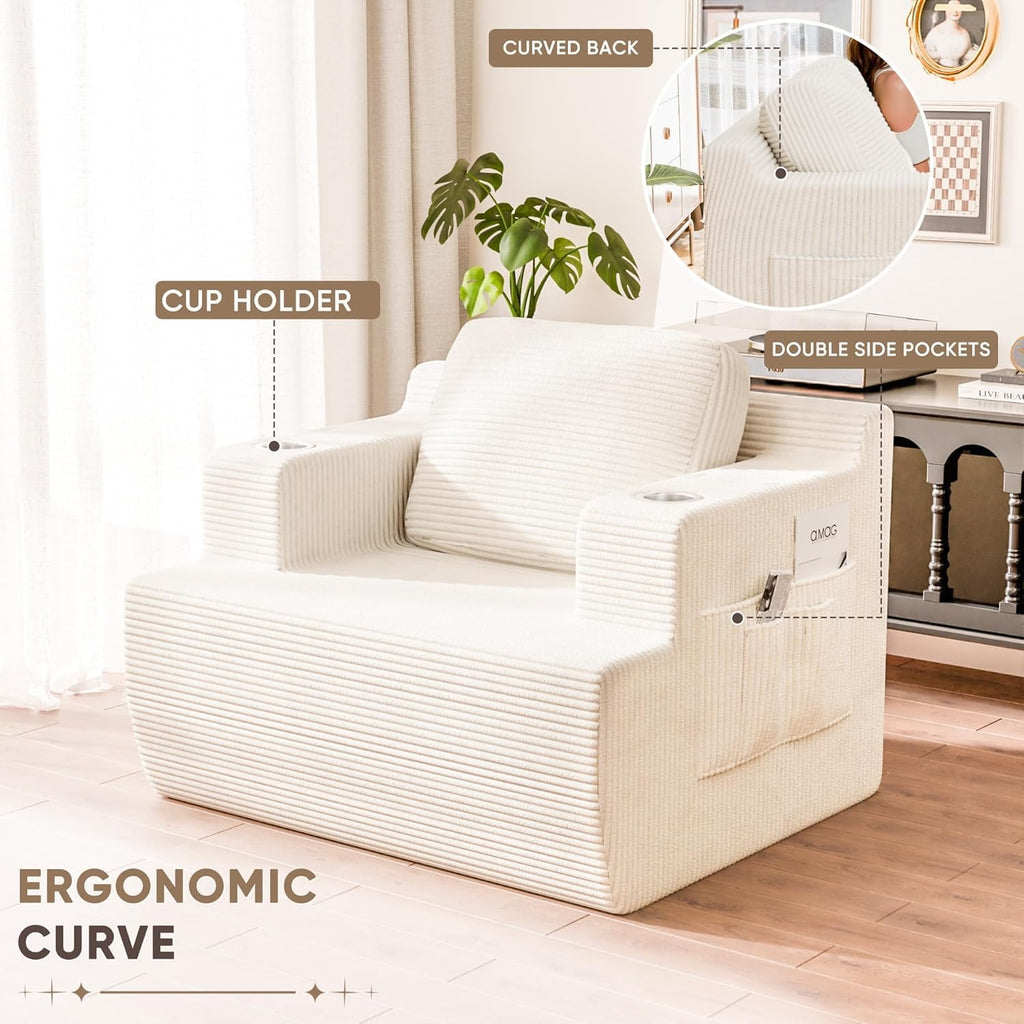 Homall 42' Single Sofa Foam Couch for Small Spaces Upholstered Floor Sofa with Cup Holder & Storage Pocket Boneless Couch for Bedroom Living Room (White, Single)