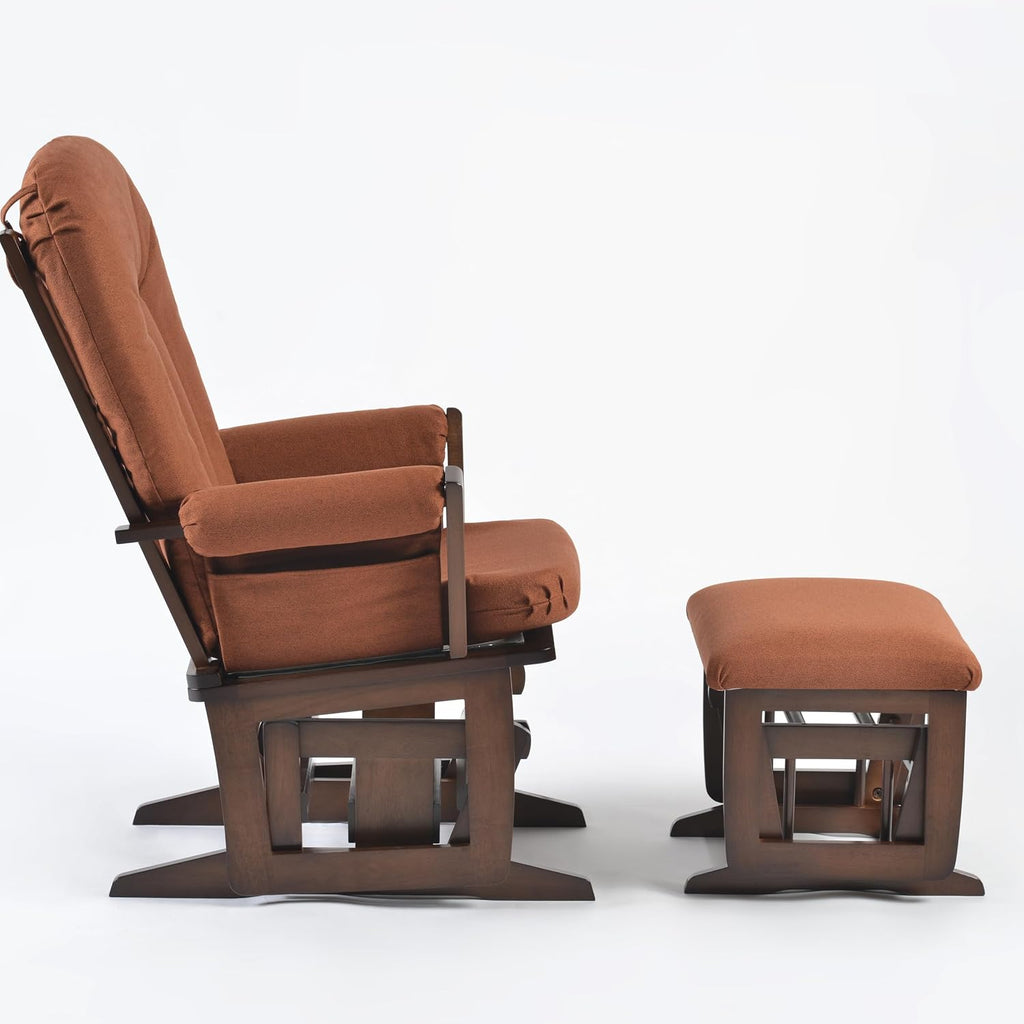 Joli Deluxe Glider Chair and Ottoman Set (Terracotta Fabric and Walnut Frame)