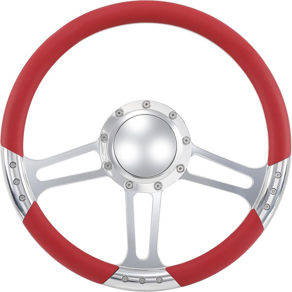 14'' Billet Trinity Half Wrap 9 Bolts Steering Wheel with 2'' Dish and Horn Button (Red)