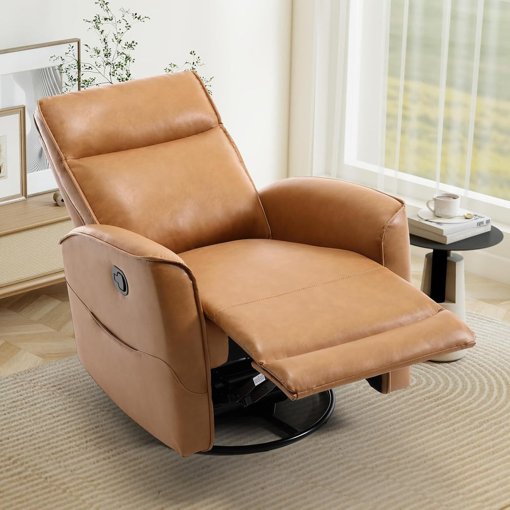 CANMOV Leather Recliner Chair, Swivel Rocker Recliner Chair, 360°Swivel Nursery Glider Recliner, Manual Recliner for Small Spaces,Living Room,Bedroom,Brown