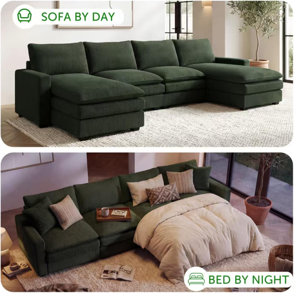 HONBAY 127.2 Inch Corduroy Cloud Modular Sectional Sofa with Chaise, Deep Seat U-Shaped Couch with Storage for Living Room, Apartment, Small Space,Green