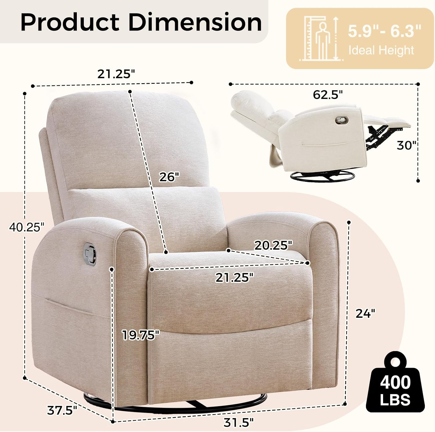 Swivel Rocker Recliner, Manual Swivel Glider Nursery Recliner Chair with Adjustable Headrest and Lumbar Support, Rocking Recling Chairs for Small Space, Living Room, Bedroom, Camel
