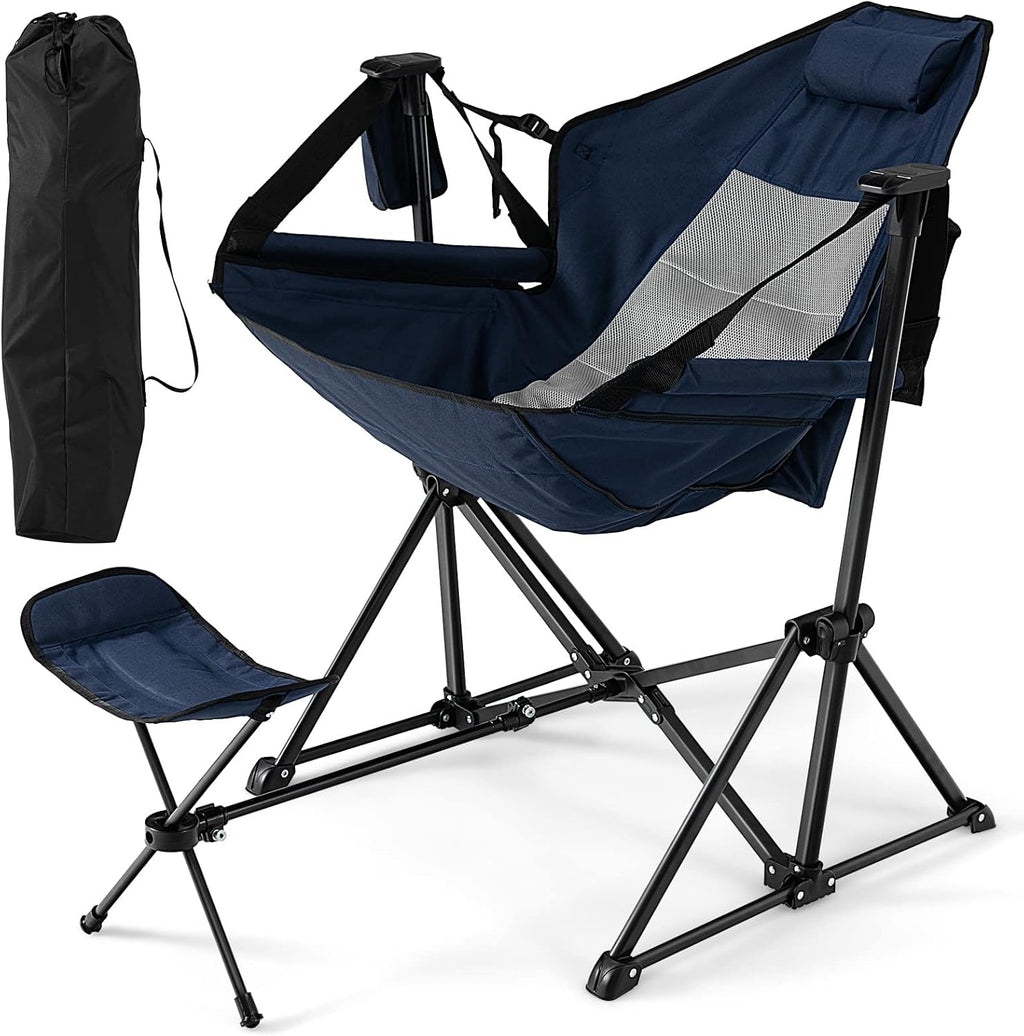 Giantex Outdoor Hammock Camping Chair - Rocking Chair with Removable Footrest, Adjustable Backrest, Pillow, Cup Holder, Storage Bag, Portable Fishing Chair for Poolside Patio Folding Chair (2, Navy)