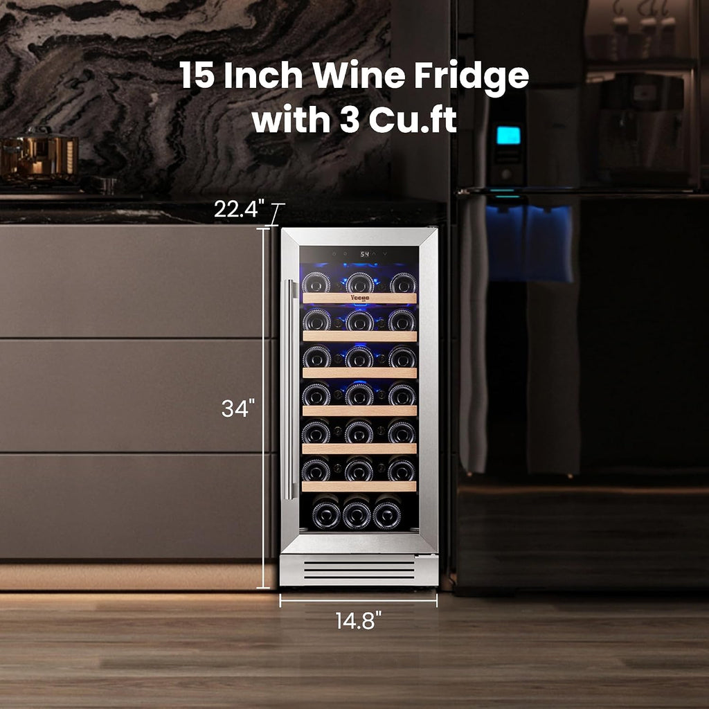 Yeego Wine Fridge – 15 Inch 33 Bottle Wine Cooler Refrigerator with Glass Door, 40-65℉ Built-In or Freestanding, Adjustable Shelves Wine Fridge Ideal for Home Bar & Kitchen