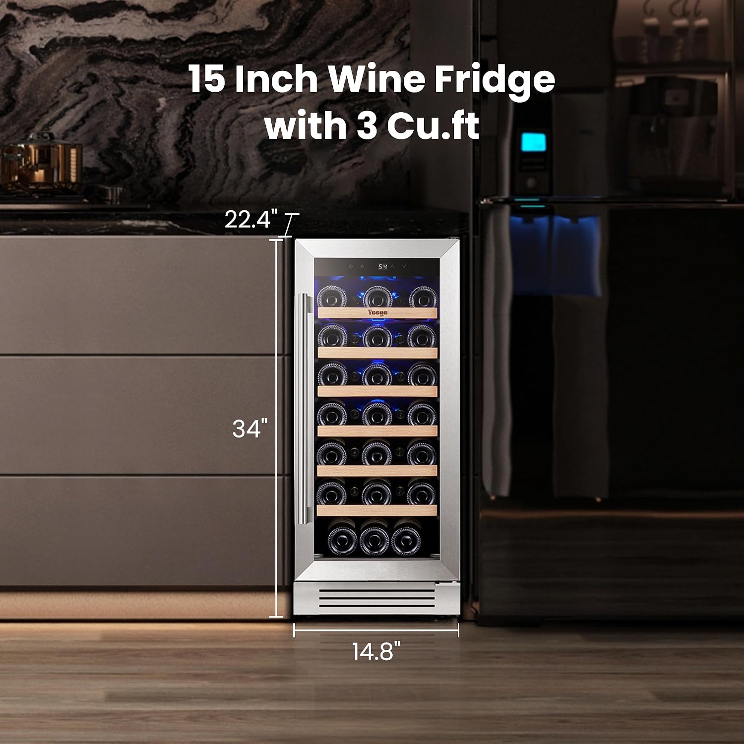 Yeego Wine Fridge – 15 Inch 33 Bottle Wine Cooler Refrigerator with Glass Door, 40-65℉ Built-In or Freestanding, Adjustable Shelves Wine Fridge Ideal for Home Bar & Kitchen