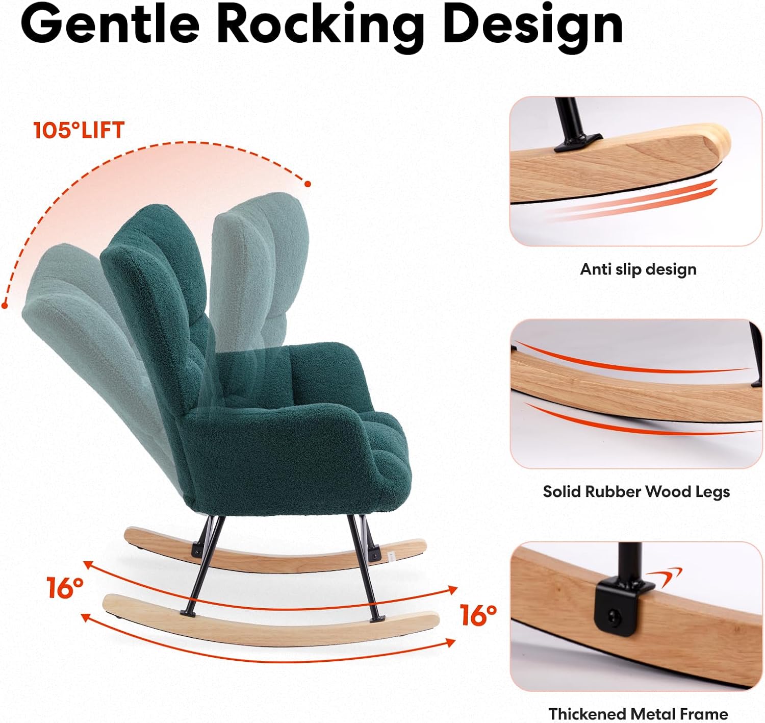YSSOA Rocking Chair Nursery Teddy - Upholstered Comfy Glider Rocker with High Back Armchair, Cozy Reading Recliner Fluffy Comfortable Chair for Bedroom, Baby Room, Living Room and Study, Green