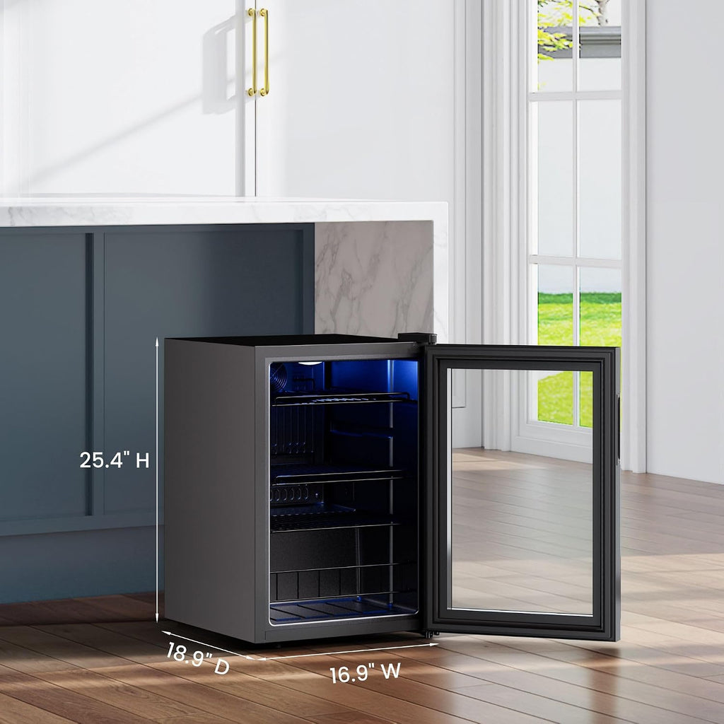 Yeego Countertop & Freestanding Beverage Fridge, 85-Can Mini Drink Refrigerator with Glass Door, Adjustable Shelves, Digital Temperature Control 34–54°F, Compact Cooler for Kitchen, Office, Bar