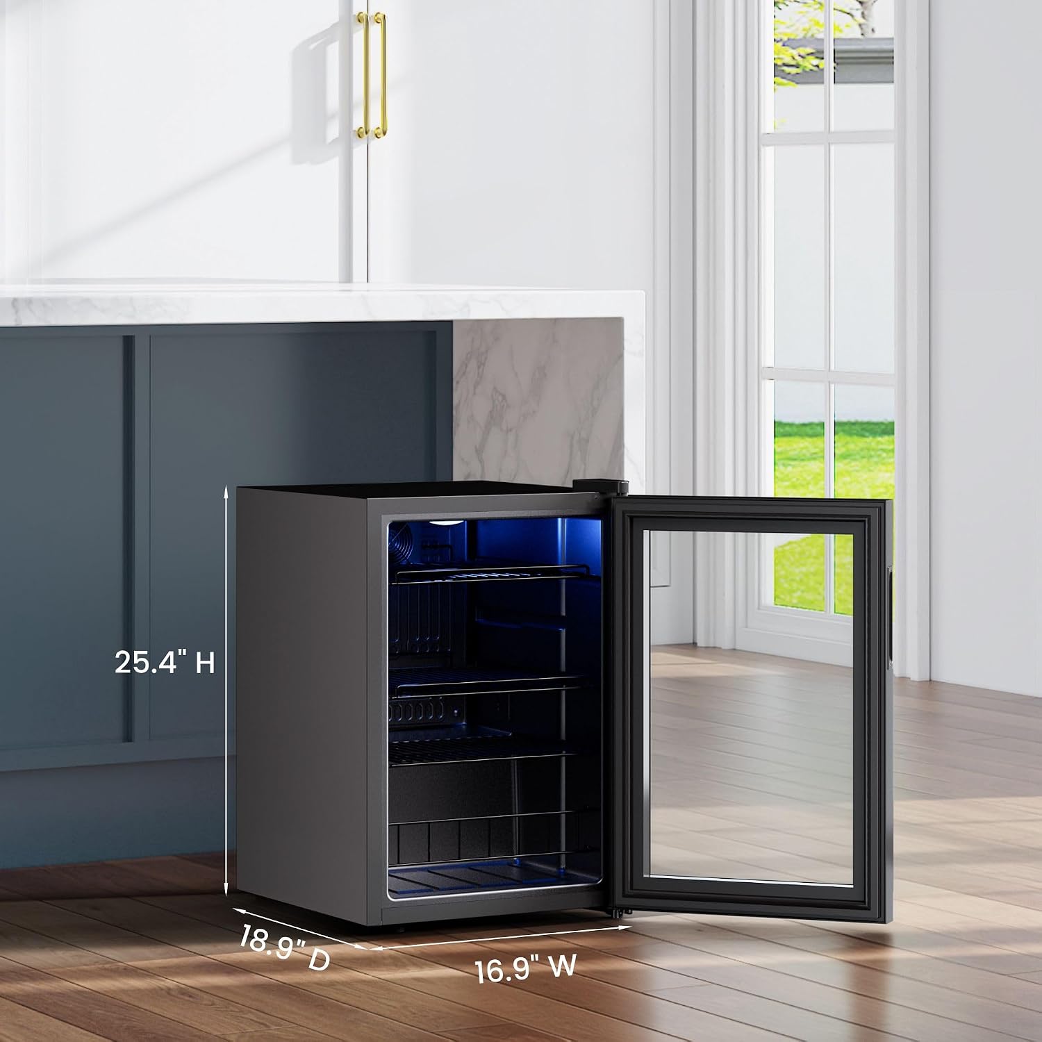 Yeego Countertop & Freestanding Beverage Fridge, 85-Can Mini Drink Refrigerator with Glass Door, Adjustable Shelves, Digital Temperature Control 34–54°F, Compact Cooler for Kitchen, Office, Bar