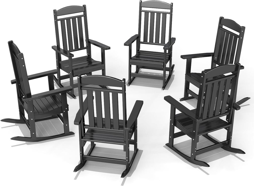 FOOWIN Outdoor Rocking Chair Set of 6, High Back Patio Rocking Chair, HDPE All Weather Resistant Porch Rocker for Adult, Oversized Rocking Chairs for Garden, Lawn, Indoor & Outdoor Use, Black