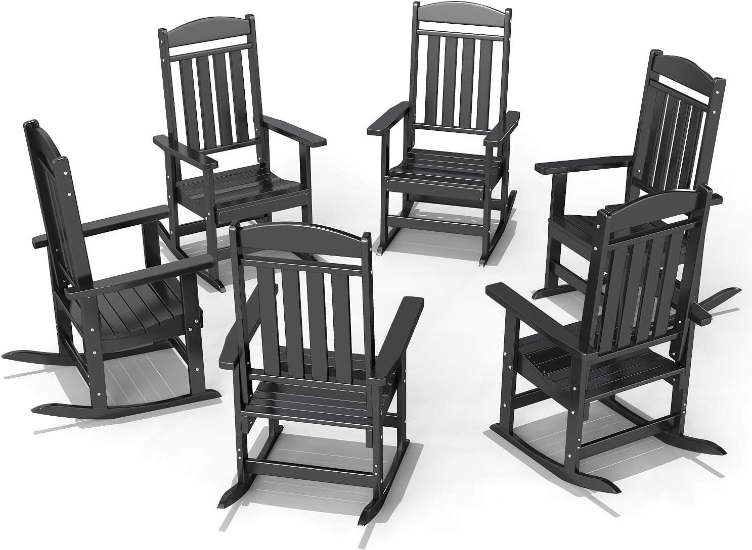 FOOWIN Outdoor Rocking Chair Set of 6, High Back Patio Rocking Chair, HDPE All Weather Resistant Porch Rocker for Adult, Oversized Rocking Chairs for Garden, Lawn, Indoor & Outdoor Use, Black