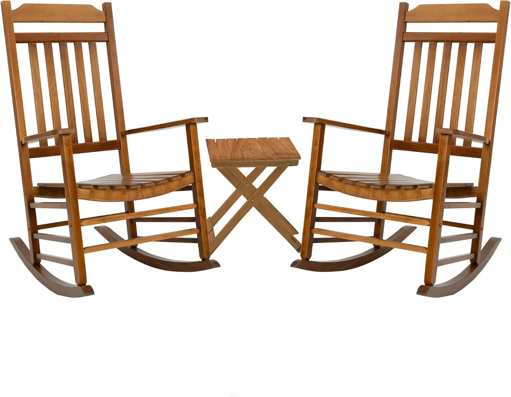 Kozyard 3-Piece Wooden Outdoor Rocking Chair Set with Foldable Side Table, Black Patio Rockers and End Table Furniture Set for Deck, Garden, Porch, Poolside (Natural/2Chairs+Table)