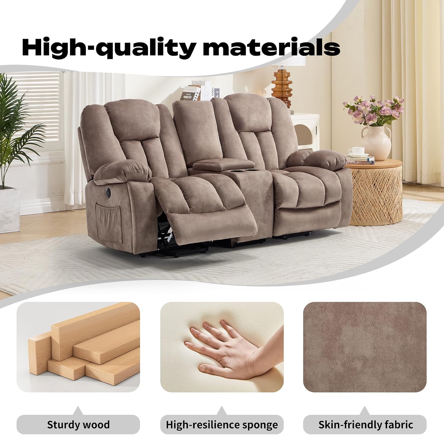 CANMOV Power Loveseat Recliner Sofa for Elderly, Power Lift Recliner Sofa for Living Room, Reclining Loveseat Sofa with Storage Console,Hidden Cup Holders, 2 Seat, Light Brown