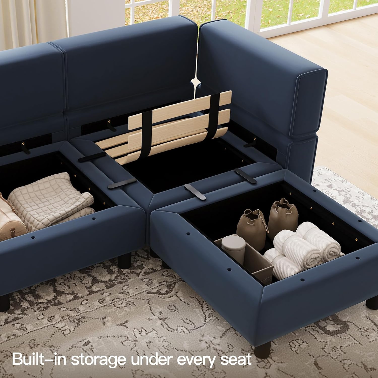 Belffin Modular Velvet Sectional Sofa with Storage Seat Oversized U Shaped Couch with Reversible Chaise Sofa Set with Ottoman Blue