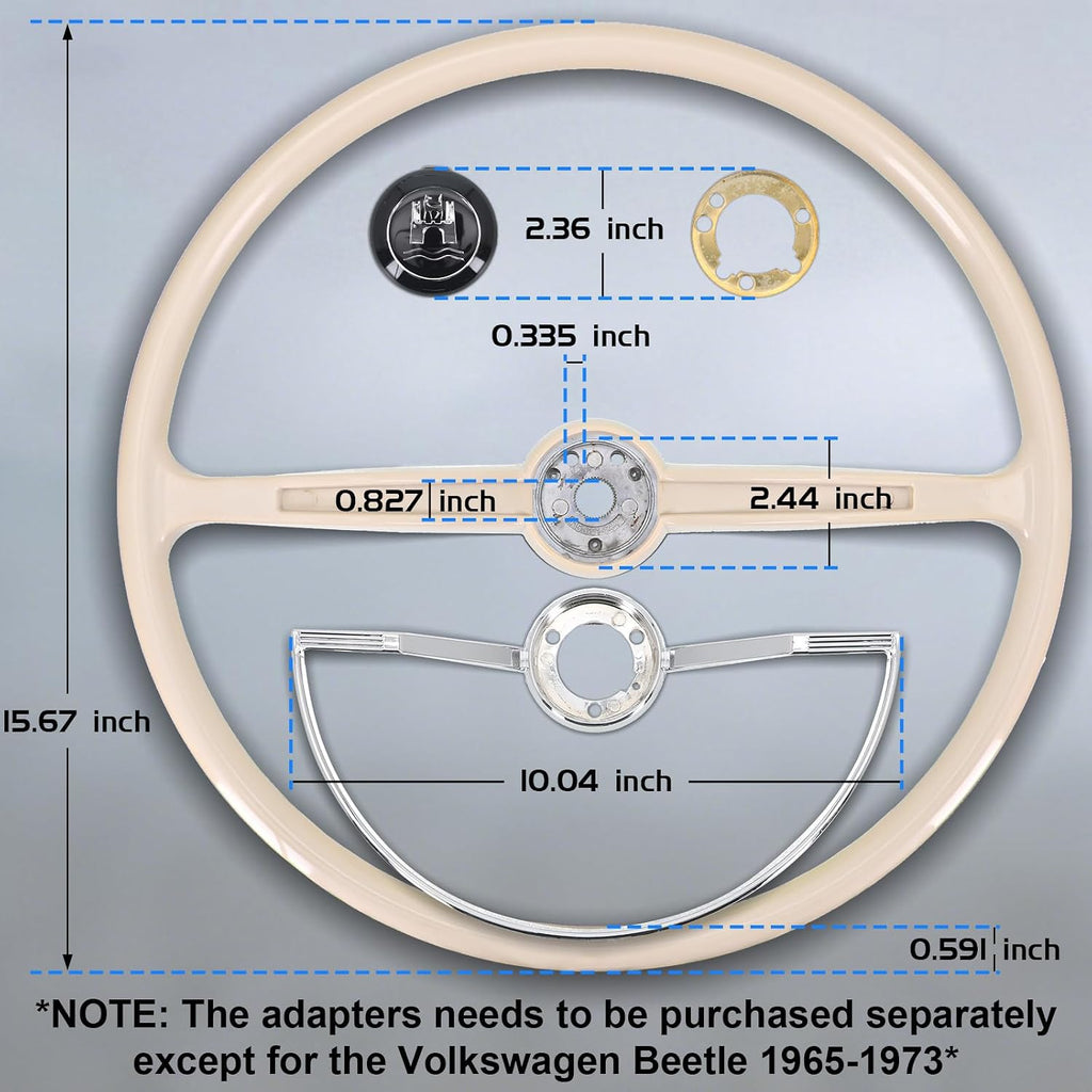 Sorghum 15' Universal Steering Wheel - Classic Steering Wheel with Horn Button Compatible with 1965-1973 Volkswagen Beetle - Piano Lacquer Ivory