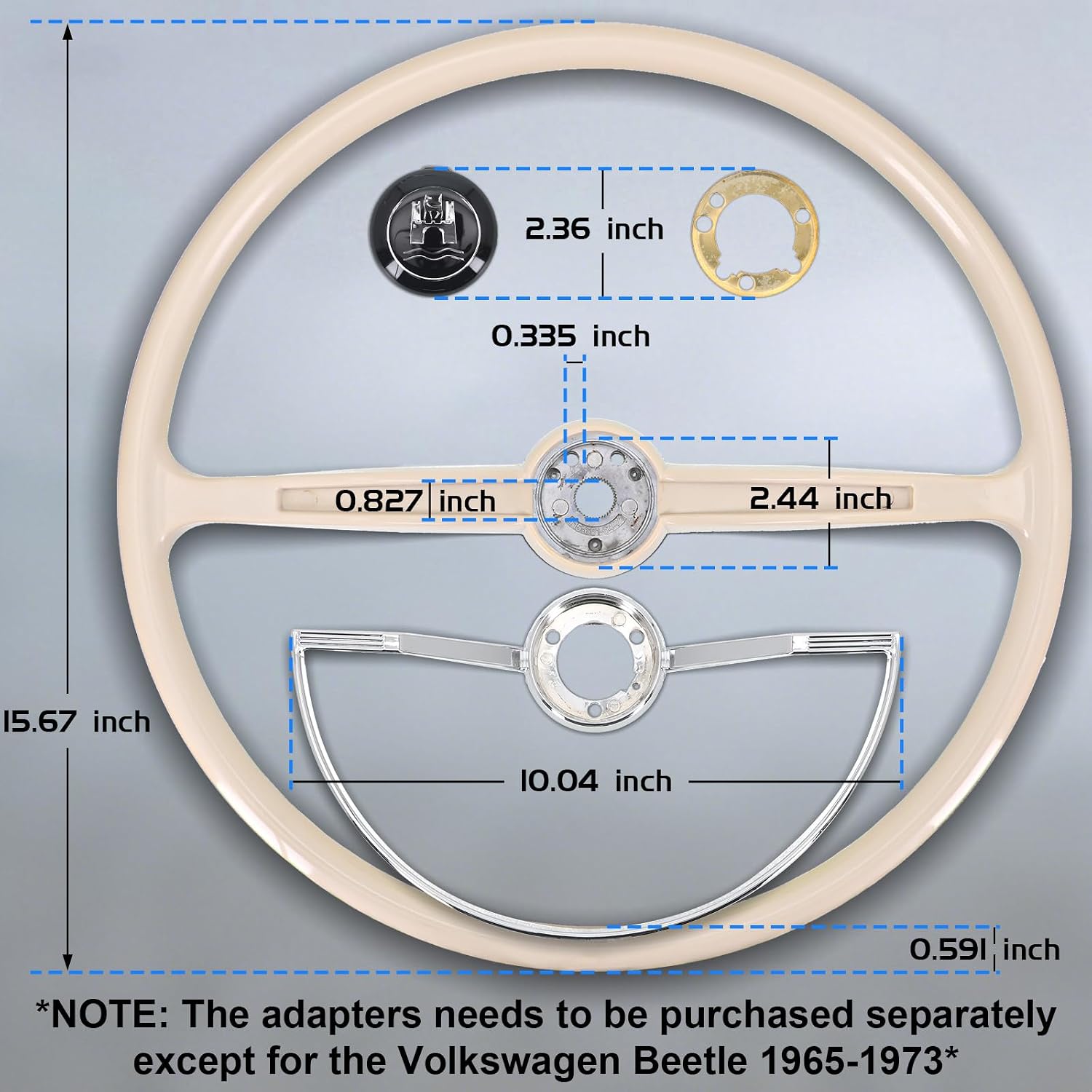 Sorghum 15' Universal Steering Wheel - Classic Steering Wheel with Horn Button Compatible with 1965-1973 Volkswagen Beetle - Piano Lacquer Ivory