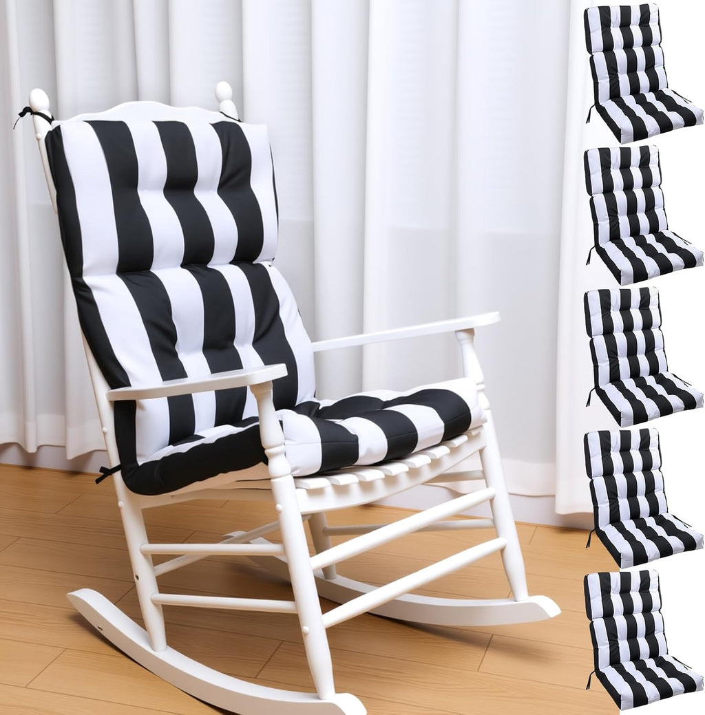 Hoteam 6 Pcs High Back Chair Cushions Set - 44'' x 21'' Indoor Outdoor Waterproof Soft Thicken Stripes Replaceable Cushion for Garden Summer Rocking Chair, Patio Furniture (Black Stripes)
