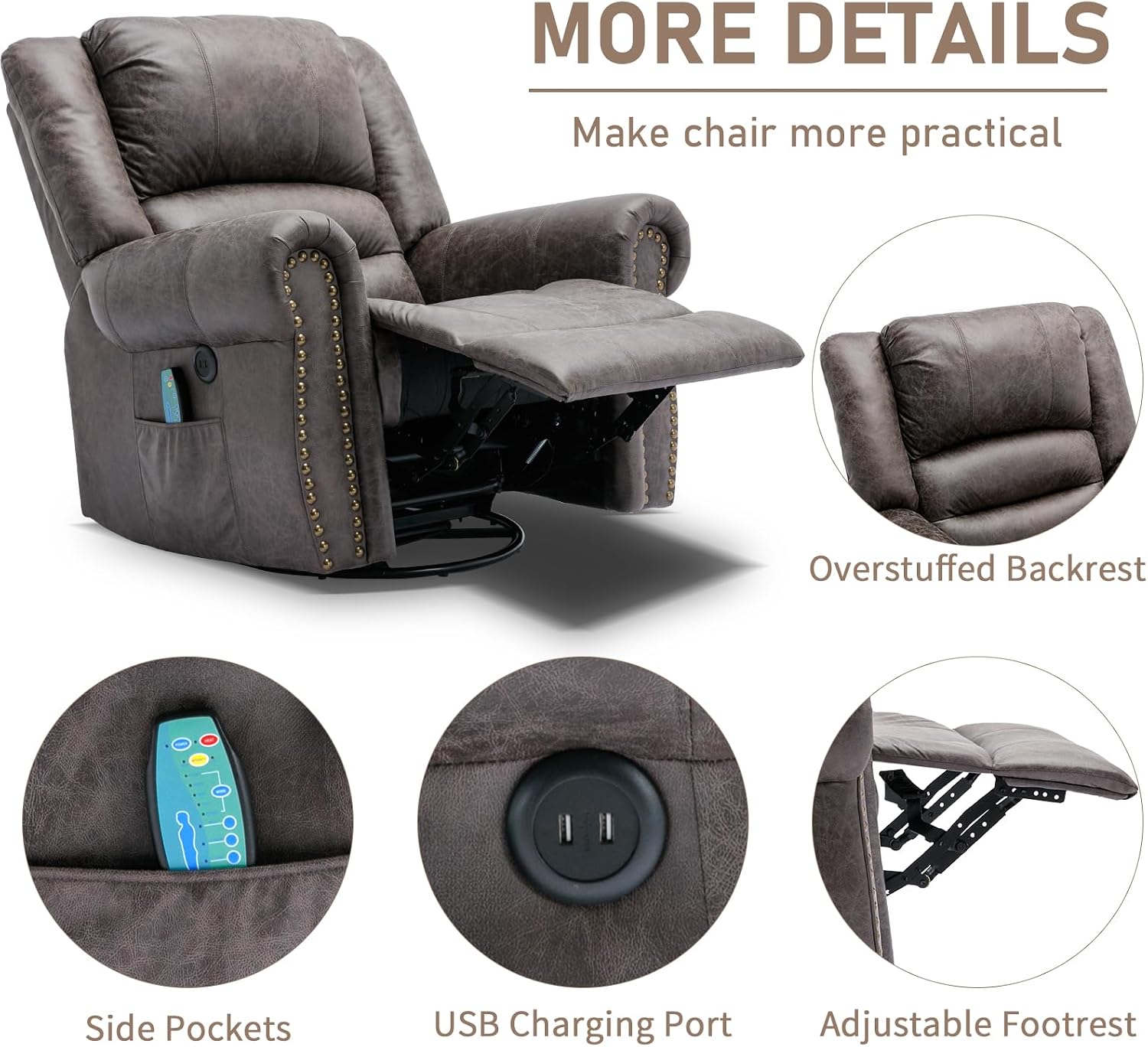 Manual Massage Swivel Rocker Recliner with Heat and Vibration, 360° Swivel Glider Rocking Recliner Chair, Classic Living Room Lounge Recliners with Side Pockets & USB Ports, Grey