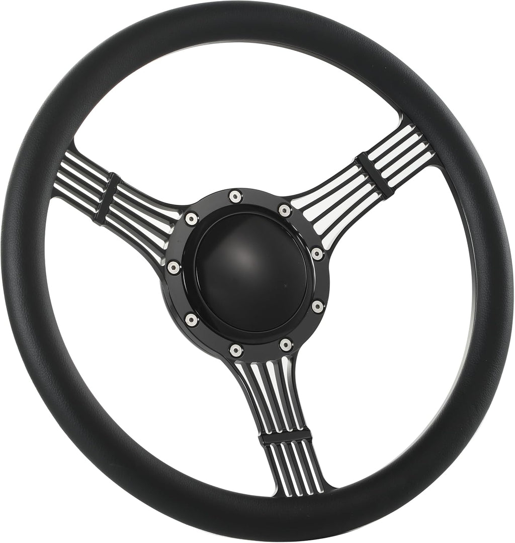 14'' Billet Banjo Half Wrap Steering Wheel with 9 Bolts 2'' Dish and Horn Button (Black)