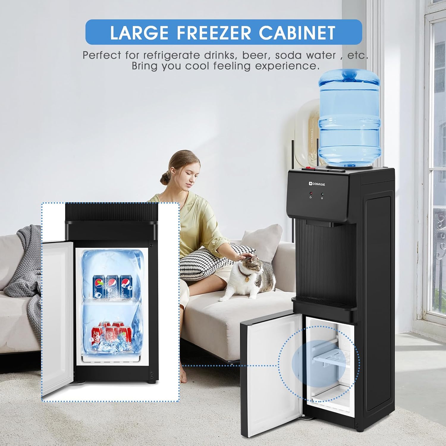 COSVALVE Water Cooler Dispenser, 5 Gallon Top Loading Hot/Cold Water Cooler w/Freezer Cabinet, Compression Refrigeration w/Child Safety Lock for Home Office, Apartment, Dorm